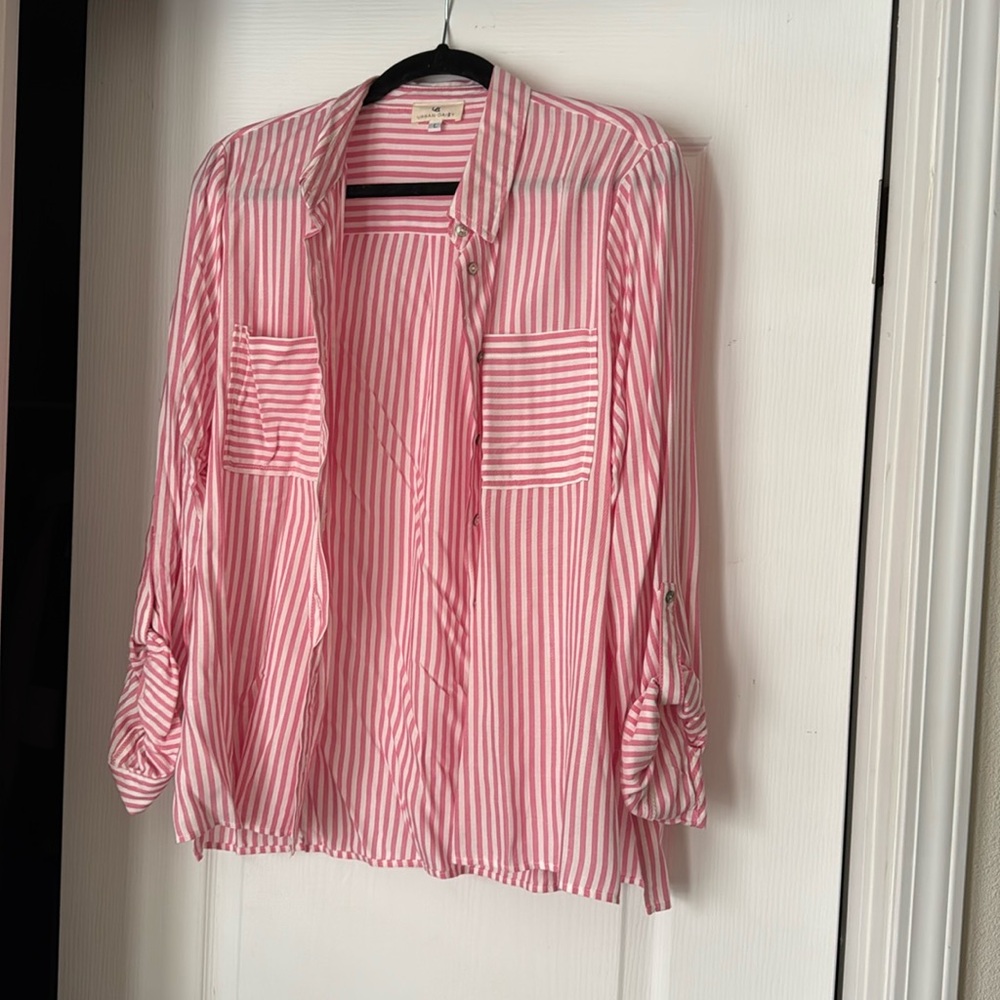 Pink snd white striped button up blouse